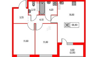 Квартира в ЖК А101 Лаголово, 2 комнатная, 58.8 м², 10 этаж