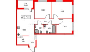 Квартира в ЖК А101 Лаголово, 3 комнатная, 77.4 м², 13 этаж