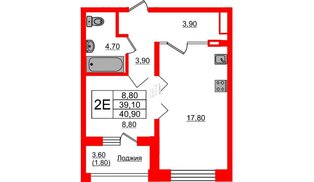 Квартира в ЖК «Сибирь», 1 комнатная, 40.9 м², 6 этаж