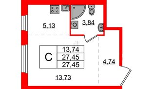 Квартира в ЖК «Аннино Сити», студия, 27.45 м², 1 этаж
