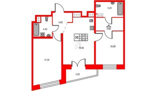Квартира в ЖК Моисеенко X, 2 комнатная, 68.3 м², 4 этаж