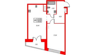 Квартира в ЖК Моисеенко X, 1 комнатная, 54.4 м², 4 этаж