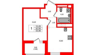 Квартира в ЖК Янила Форест, 1 комнатная, 33.9 м², 9 этаж