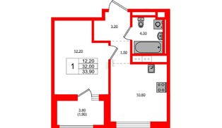 Квартира в ЖК Янила Форест, 1 комнатная, 33.9 м², 10 этаж