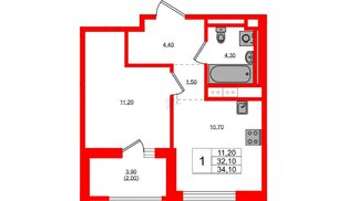 Квартира в ЖК Янила Форест, 1 комнатная, 34.1 м², 4 этаж