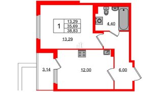 Квартира в ЖК «Любоград», 1 комнатная, 35.69 м², 1 этаж