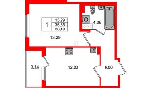 Квартира в ЖК «Любоград», 1 комнатная, 35.35 м², 2 этаж