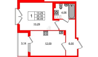 Квартира в ЖК «Любоград», 1 комнатная, 35.35 м², 3 этаж