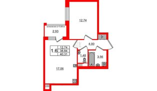 Квартира в ЖК Univer City, 1 комнатная, 38.84 м², 4 этаж