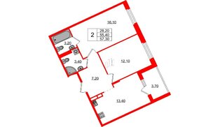 Квартира в ЖК «Экография», 2 комнатная, 57.3 м², 2 этаж