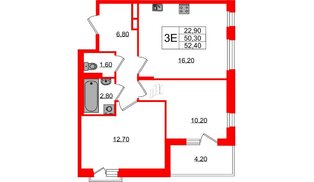 Квартира в ЖК «Экография», 2 комнатная, 52.4 м², 2 этаж