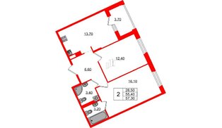 Квартира в ЖК «Экография», 2 комнатная, 57.3 м², 2 этаж