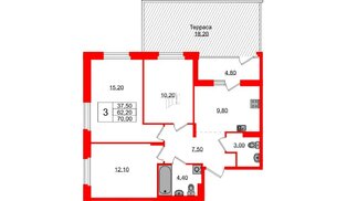 Квартира в ЖК Экография, 3 комнатная, 70 м², 1 этаж