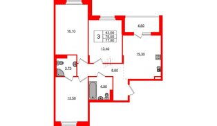 Квартира в ЖК Экография, 3 комнатная, 77.8 м², 2 этаж
