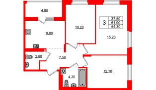 Квартира в ЖК Экография, 3 комнатная, 64.3 м², 3 этаж