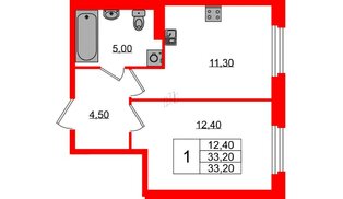 Квартира в ЖК Экография, 1 комнатная, 33.2 м², 1 этаж