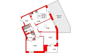 Квартира в ЖК «Экография», 3 комнатная, 69.2 м², 1 этаж