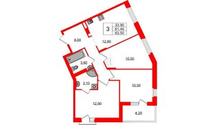 Квартира в ЖК «Экография», 3 комнатная, 63.5 м², 2 этаж