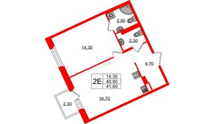 Квартира в ЖК Экография, 1 комнатная, 41.6 м², 2 этаж