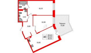 Квартира в ЖК «Экография», 2 комнатная, 66.5 м², 1 этаж