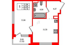 Квартира в ЖК «Новоселье», 1 комнатная, 33.16 м², 8 этаж