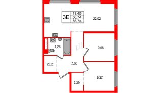 Квартира в ЖК «Максималист», 2 комнатная, 56.74 м², 12 этаж