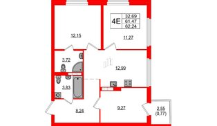 Квартира в ЖК Максималист, 3 комнатная, 62.24 м², 3 этаж