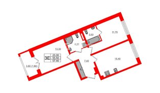 Квартира в ЖК «Пулково Lake», 2 комнатная, 57.4 м², 4 этаж