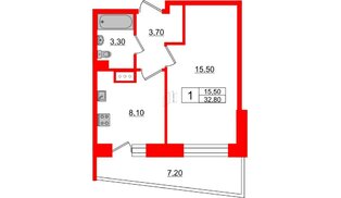 Квартира в ЖК Стороны Света, 1 комнатная, 32.8 м², 14 этаж