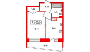 Квартира в ЖК Стороны Света, 1 комнатная, 32.8 м², 15 этаж