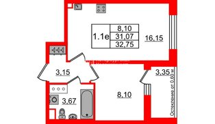 Квартира в ЖК «Город звёзд», 1 комнатная, 31.07 м², 12 этаж