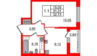 Квартира в ЖК «Город звёзд», 1 комнатная, 31.31 м², 23 этаж