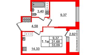 Квартира в ЖК «Город звёзд», 1 комнатная, 31.68 м², 11 этаж