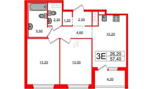 Квартира в ЖК «Литера», 2 комнатная, 57.4 м², 7 этаж