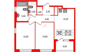 Квартира в ЖК «Литера», 2 комнатная, 57.4 м², 10 этаж