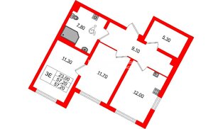 Квартира в ЖК «Ручьи–2», 2 комнатная, 57.2 м², 1 этаж
