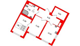 Квартира в ЖК «Ручьи–2», 2 комнатная, 57.5 м², 2 этаж
