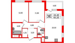 Квартира в ЖК «Литера», 2 комнатная, 60.2 м², 8 этаж
