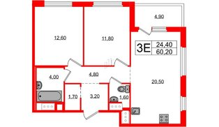Квартира в ЖК «Литера», 2 комнатная, 60.2 м², 10 этаж