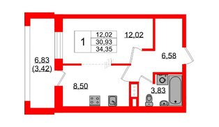 Квартира в ЖК «БФА в Озерках», 1 комнатная, 34.35 м², 5 этаж