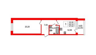 Квартира в ЖК «БФА в Озерках», 1 комнатная, 47.44 м², 1 этаж
