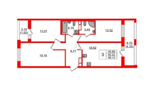 Квартира в ЖК «БФА в Озерках», 3 комнатная, 88.12 м², 5 этаж