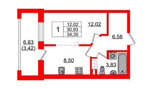 Квартира в ЖК «БФА в Озерках», 1 комнатная, 34.35 м², 4 этаж