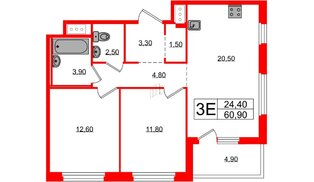 Квартира в ЖК «Литера», 2 комнатная, 60.9 м², 4 этаж