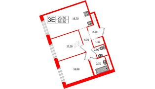 Квартира в ЖК «Литера», 2 комнатная, 56.3 м², 7 этаж