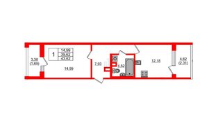 Квартира в ЖК «БФА в Озерках», 1 комнатная, 43.62 м², 1 этаж