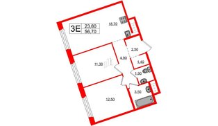Квартира в ЖК «Литера», 2 комнатная, 56.7 м², 6 этаж
