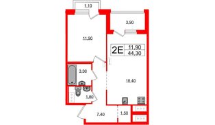 Квартира в ЖК «Литера», 1 комнатная, 44.3 м², 7 этаж