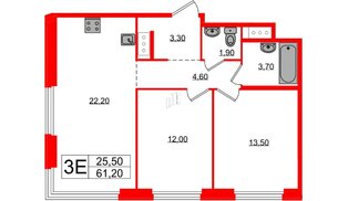 Квартира в ЖК «Литера», 2 комнатная, 61.2 м², 7 этаж