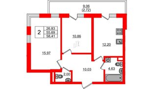 Квартира в ЖК «Новая история», 2 комнатная, 58.41 м², 1 этаж